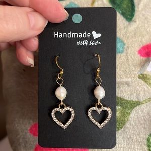 18K Gold hoops, freshwater Pearl Rhinestone heart earrings